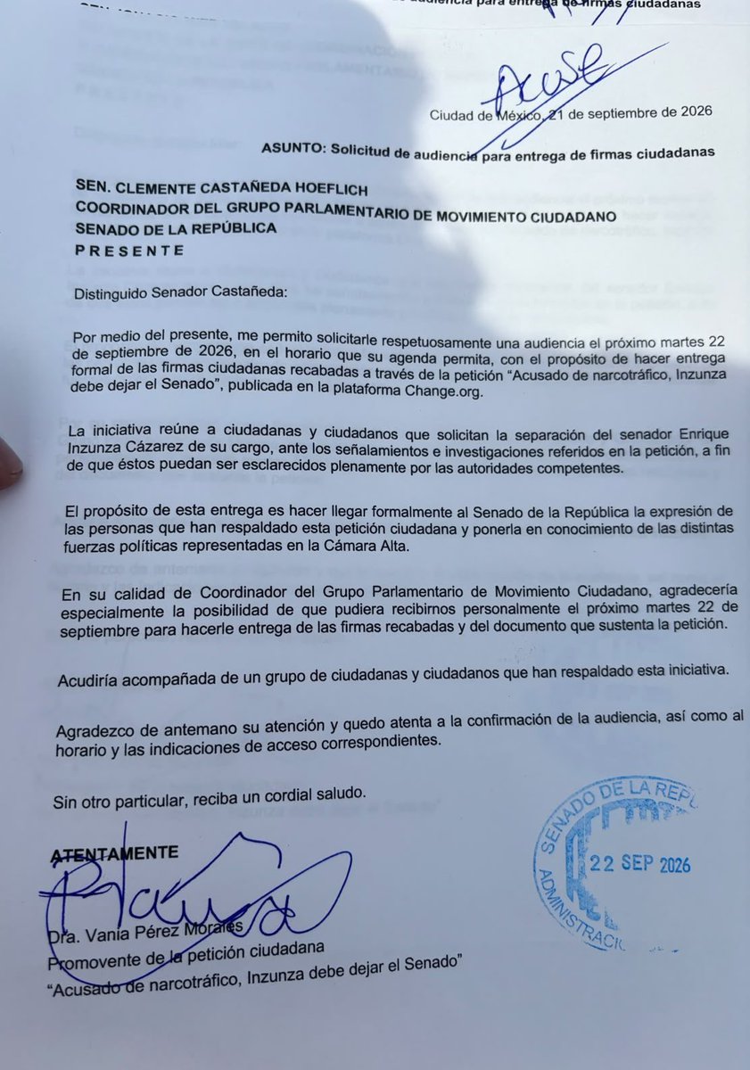 vaniaperezmor's tweet photo. 🚩Que quede constancia: hemos buscado formalmente a los coordinadores de @MovCiudadanoMX, @PRI_Nacional, @AccionNacional y @PartidoMorenaMx, así como al presidente del @senadomexicano, @higinio_mtz.
La mayoría no ha respondido a nuestra solicitud.
Pero el silencio no detiene a la ciudadanía.
Este 29 de septiembre estaremos en el Senado para entregar las firmas y la exigencia de miles de ciudadanos: que el crimen organizado no tenga cabida en la vida pública de México.
Nosotros sí vamos a estar ahí.
¿Quién recibirá a los ciudadanos y nuestras firmas? ¿Responderán públicamente sobre el caso Inzunza o seguirán siendo cómplices con su silencio?