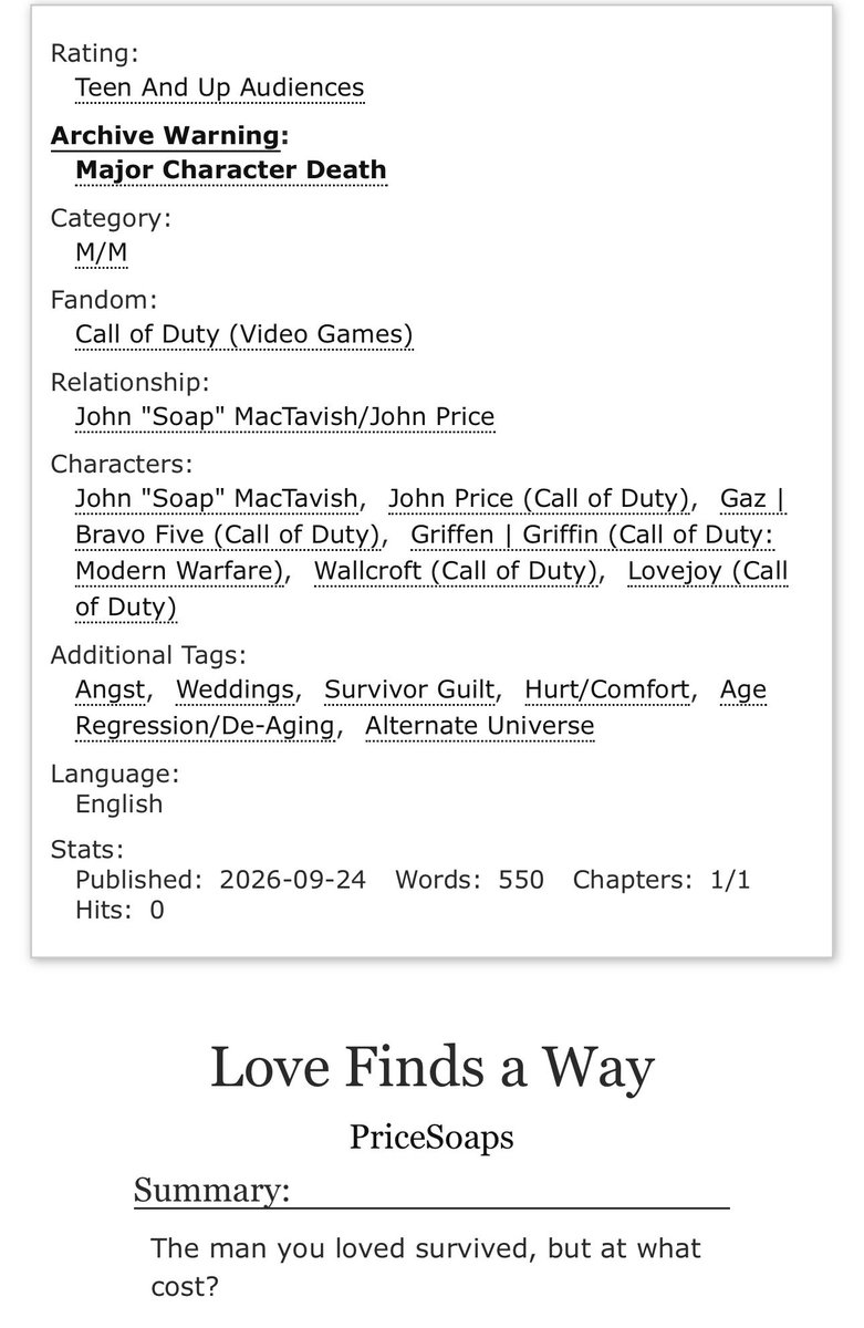 pricesoaps's tweet photo. #pricesoapweek #pricesoap #soapprice #ageregression
🚬 🧼
Another short drabble for PriceSoap Week 2026, SFW Day 2: Wedding Night. This is set in the OG trilogy, post-Modern Warfare 3.
Check out AO3 link below! https://t.co/2Rri8FwpJo