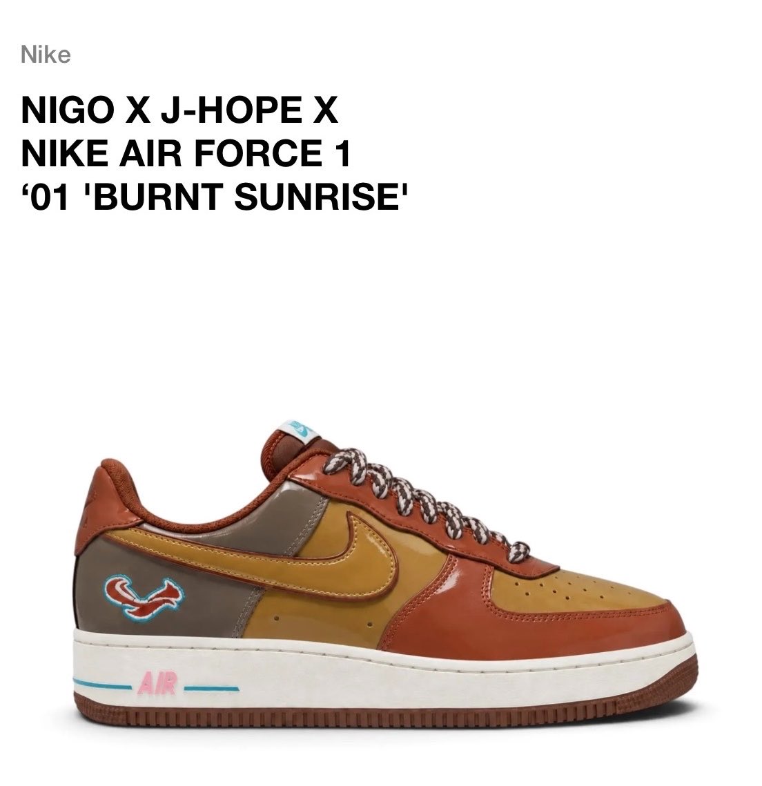 JHPOPBASE's tweet photo. j-hope was spotted wearing the upcoming NIGO x j-hope x Nike Air Force 1 ‘01 'Burnt Sunrise'

Release Date: Holiday 2026
🏷️ $150 https://t.co/g0Fq4UAH4k