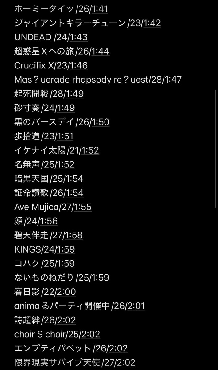 Tv6sbxSTdT19745's tweet photo. アワーノーツの楽曲の時間効率を探求すべく、ガバガバアナログ測定してみた
(※解放できてない楽曲は未測定)

#アワーノーツ https://t.co/QYbWdNdeqr