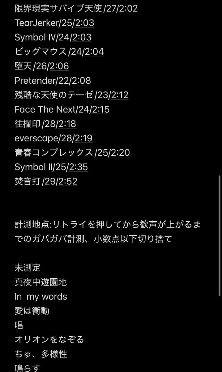 Tv6sbxSTdT19745's tweet photo. アワーノーツの楽曲の時間効率を探求すべく、ガバガバアナログ測定してみた
(※解放できてない楽曲は未測定)

#アワーノーツ https://t.co/QYbWdNdeqr