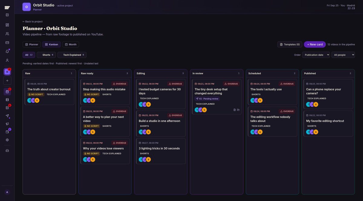 JoinHorusApp's tweet photo. 1/ Plan it once. Keep everything connected.

Weekly planning, Kanban and a monthly view, all showing the same videos. Assign the team, set publishing dates and spot overdue work without rebuilding the same board three times. https://t.co/U9IefTU6oe