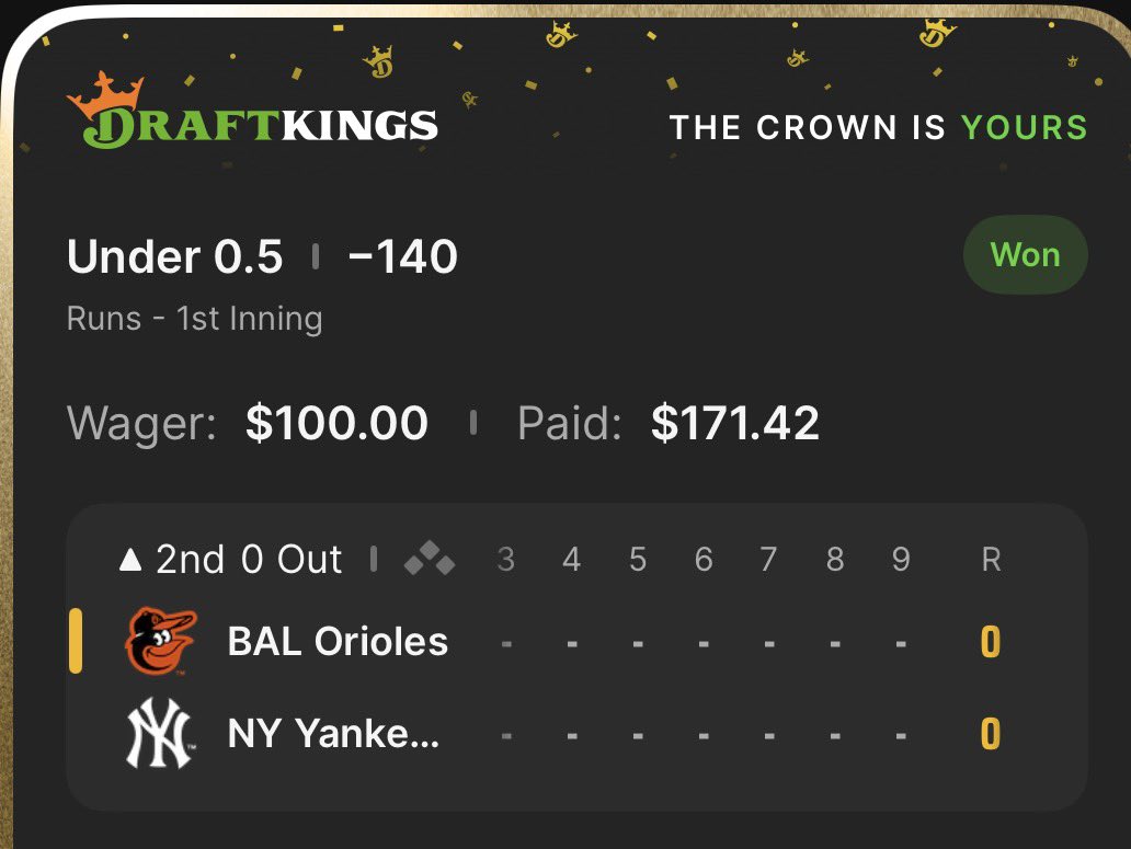 BogieTerp's tweet photo. Unfortunately, not enough response / energy from everyone and the first bet I was going to release just cashed. As I said, I always place my bets before I release any bets to everyone. 

The first bet was for the Yankees and Orioles game No Run First Inning. It just concluded and cashed but I didn’t get enough energy so I personally cashed on it. 

I will release the remaining two MLB bets if we reach the goal of 125 likes / retweets. Otherwise, I will privately keep cashing. Remember, I don’t charge for ANY my bets. All I ask is for some likes and retweets. 

Still PERFECT ON MLB. 1-0 today.