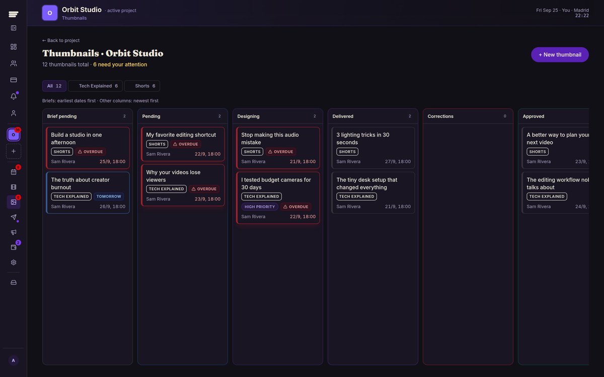 JoinHorusApp's tweet photo. 4/ Thumbnails get their own workflow.

Briefs, designers, priorities, deadlines, versions and feedback in one place. Review, request changes and approve without digging through chat.

Each thumbnail stays connected to its video. https://t.co/yNsQFB0vBl
