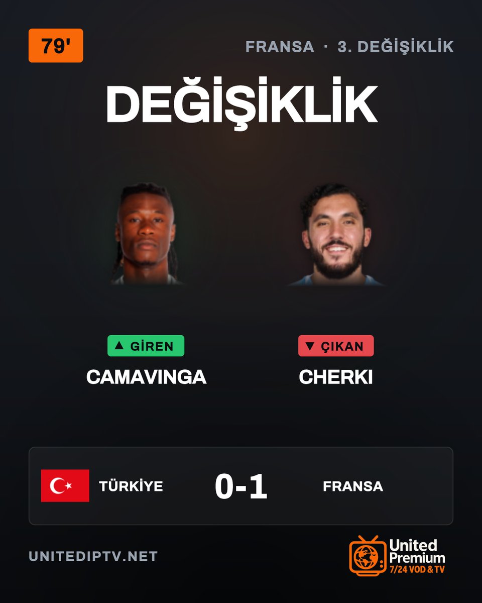 unitediptvnet's tweet photo. FRANSA HAMLE YAPTI 🔄
🔺 EDUARDO CAMAVINGA
🔻 MATHIS CHERKI
Türkiye 🆚 Fransa (0-1) 79'
🏆 UEFA Uluslar Ligi - Lig A
#BizimÇocuklar #Fransa #UluslarLigi https://t.co/WnbMD88IZI