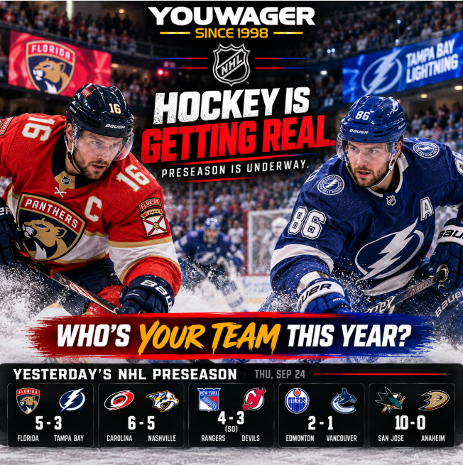 youwagersport's tweet photo. Preseason is underway, and the 2026–27 NHL season is getting closer.

New faces. New lines. New storylines.
But the same question every year:
WHO’S YOUR TEAM THIS SEASON?

#NHL #NHLPreseason #YouWager https://t.co/J2TvakfYgr