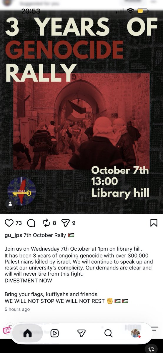 _katherinemckay's tweet photo. @UofGlasgow students continue to glorify terrorism. Last year, GU Justice for Palestine Society ‘[celebrated] the glorious Al-Aqsa Flood which permanently crippled the Zionist entity.’ The University made no comment. https://t.co/e9qn0JhHZB