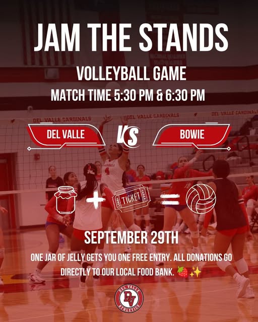 DelValleISD's tweet photo. Jam-packed energy on the court! Bring a jar of jelly on 9/29/26 to get free entry, support DVHS Volleyball, and give back to our local food bank.
📍Del Valle High School
🕠5:30pm &amp; 6:30pm https://t.co/girx2shaJW