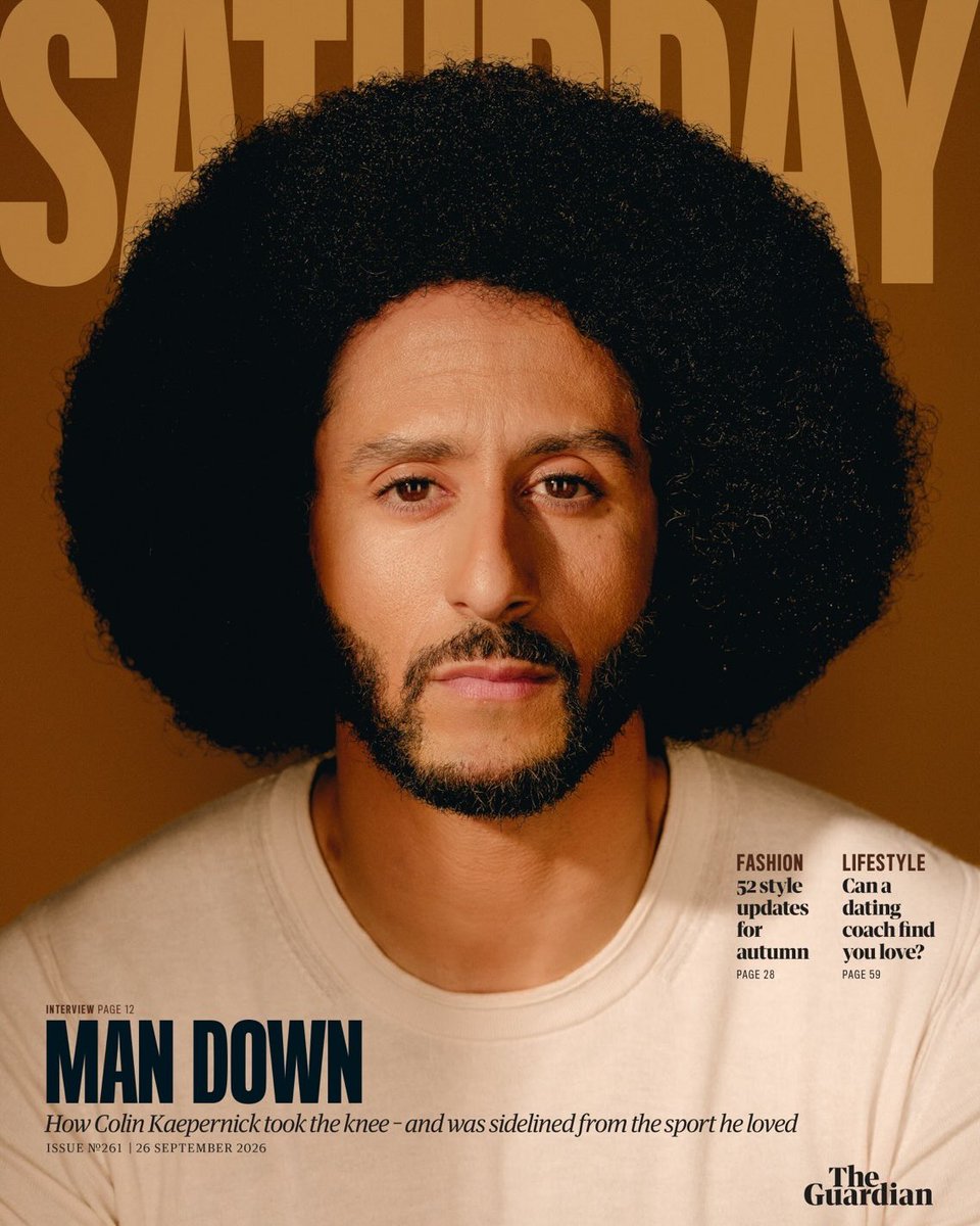 Kaepernick7's tweet photo. Grateful to be featured on the cover of The Guardian Saturday. I enjoyed sitting down with them to talk about my memoir, THE PERILOUS FIGHT, now a #1 New York Times Best Seller.

🔁 The Guardian Saturday Ten years ago, the San Francisco 49ers quarterback Colin Kaepernick refused to stand for the national anthem. He was accused of disrespecting the flag, the game, and America. In tomorrow's @gdnsaturday, Kaepernick talks about being 'blackballed' for taking the knee, the civil rights movement, and why he still trains in case he gets to play again.