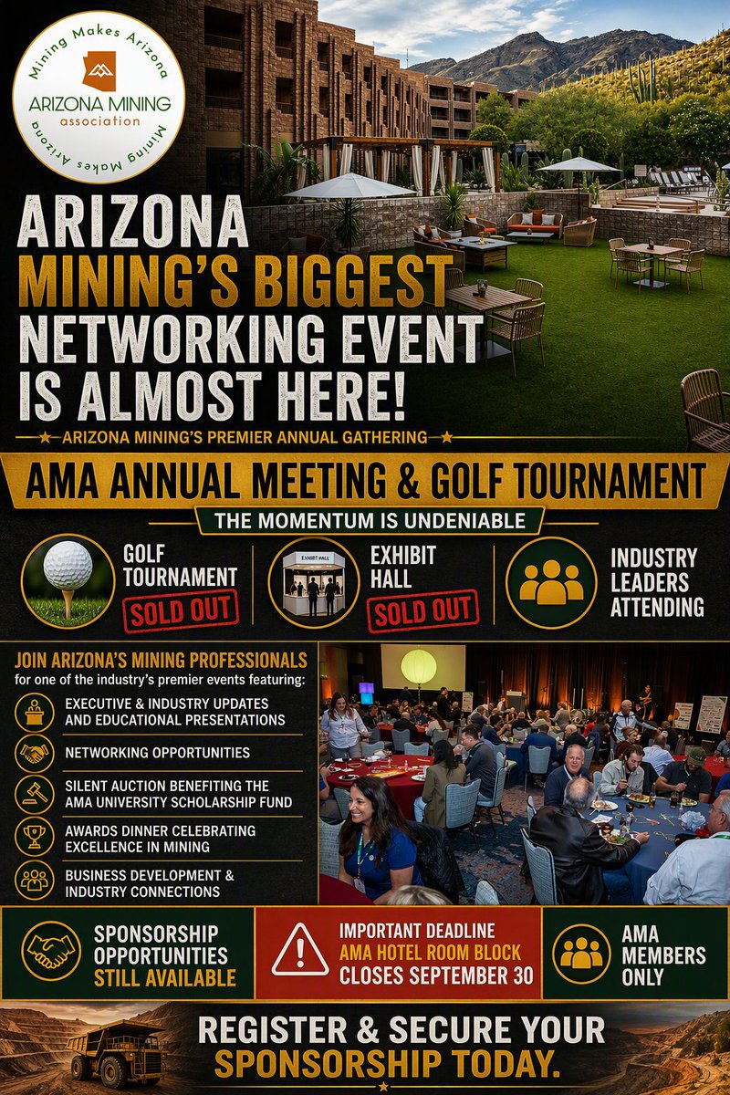 azmining's tweet photo. ⛏️ Arizona mining’s biggest networking event is almost here!
✅ Golf Tournament SOLD OUT
 ✅ Exhibit Hall SOLD OUT

Limited sponsorships remain. Secure your spot today. https://t.co/GXga4Ssa7g