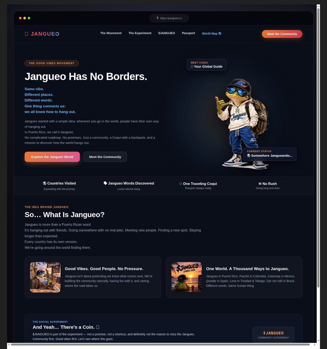 JNGOcoin's tweet photo. 🌎 JANGUEO WEB — WORK IN PROGRESS

We’re jangueando our way through the website too 😂

This is just a draft — nothing is final yet. We’re building it little by little, keeping the same Jangueo vibe: community, culture, good people and seeing where the road takes us.

So take a look 👀

Any ideas, suggestions, observations, things you like, things you’d change… all are welcome.

This isn’t just our webpage. We want the community to help shape it.

No rush. No pressure. We’re just jangueando and building along the way. 🌎🐸

Coming together one idea at a time.

#JANGUEO #Jangueando #JangueoCommunity #JangueoWorld #CommunityFirst #GoodVibes #BuildingTogether #Web3Community #CryptoCommunity #MemeCoinCommunity #ComingSoon #WorkInProgress #CommunityDriven #WAGMI