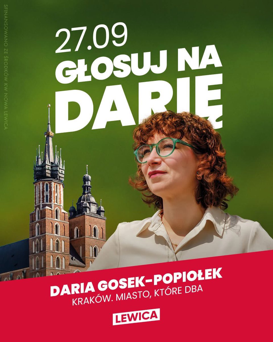 __Lewica's tweet photo. ❤️🐉 Miasto, które dba, to nie pusty slogan. To obietnica, którą @dgpopiolek chce i potrafi zamieniać w konkretne działania.

Daria ma za sobą setki interwencji w sprawach lokatorów, ochrony przyrody i działań władz Krakowa. Dzięki jej zaangażowaniu krakowskie kwiaciarki zostają na Rynku i nie zostaną zastąpione przez sieciową kwiaciarnię.

Nagłośniła również sprawę lokatorów i małych przedsiębiorców z Kazimierza, których Zakon Kanoników Laterańskich i grupa De Silva chcieli usunąć z mieszkań i lokali.

Od 8 lat sprawuje mandat posłanki z Krakowa i doskonale zna problemy oraz potrzeby miasta. W ostatnich wyborach zaufało jej blisko 40 tysięcy wyborców.

⬆️ I my jej ufamy. Wiemy, że Daria, która kocha Kraków i zna jego problemy od podszewki, jest odpowiednią osobą na stanowisko prezydentki Krakowa. Daria nigdy nie pokłoni się wielkiemu biznesowi ani deweloperom – zawsze była i będzie przede wszystkim po stronie mieszkańców.

Prosimy – 27.09 głosujcie na Darię Gosek-Popiołek. Na Kraków, który dba. 🗳️💪