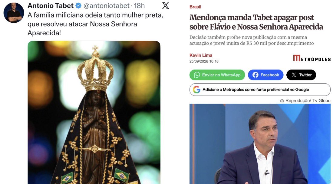 jnascim's tweet photo. Antonio Tabet faz uma postagem falando em FAMÍLIA MILICIANA. Flávio Bolsonaro passa recibo e pede que TSE derrube o conteúdo. André Mendonça defere 🤷‍♂️ https://t.co/7nddceGs10
