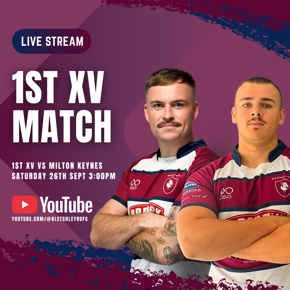 BletchleyRUFC's tweet photo. 📺🔥 𝗟𝗜𝗩𝗘 𝗢𝗡 𝗬𝗢𝗨𝗧𝗨𝗕𝗘 𝗧𝗢𝗗𝗔𝗬 🔥📺

The new league season starts with a big one - DERBY DAY at The Manor! 🏉

1st XV vs Milton Keynes
🕒 KO: 3:00pm
📍 Manor Fields

Watch live 👇
👉 https://t.co/bVPh5Pqvyo

#WeAreBletchley #BRUFC #DerbyDay #UpTheManor https://t.co/deKSRkWZGn