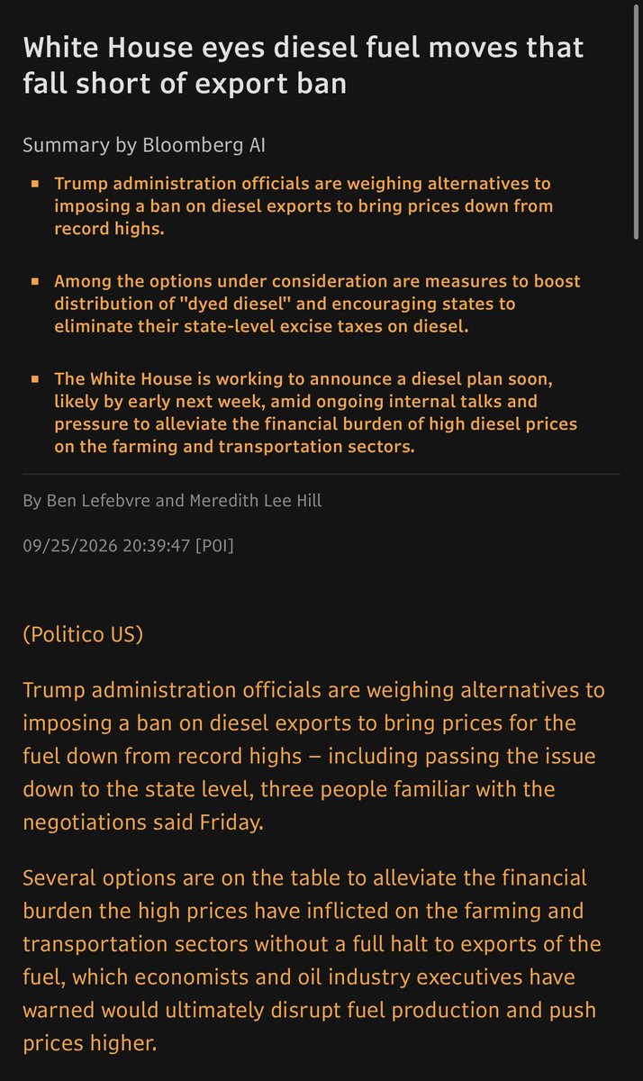 BurggrabenH's tweet photo. Think we get a diesel verdict from the White House early next week.

„Among the evolving set of options under consideration by Trump officials are measures to boost distribution of “dyed diesel,” a red-colored fuel used in agriculture, construction and for other off-road vehicles that is exempt from state and federal taxes, three people with direct knowledge of the plan said.

The White House would also encourage more states to eliminate their state-level excise taxes on diesel ahead of the midterms.“