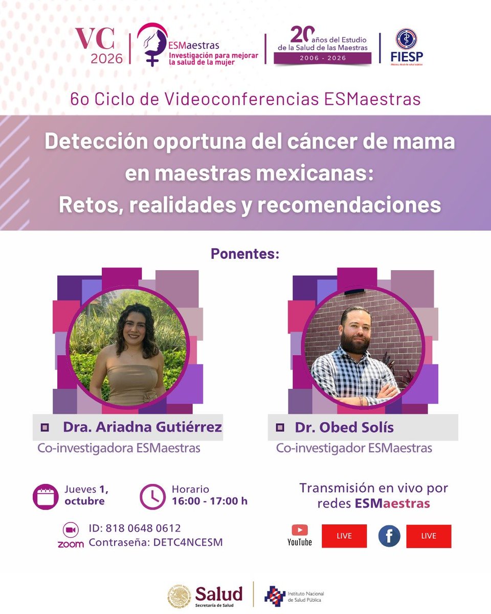 ESMaestras's tweet photo. 📢Participa en la videoconferencia de octubre!
Detección oportuna del cáncer de mama en maestras mexicanas: Retos, realidades y recomendaciones
🗓️Jueves, 1 de octubre
⏰16:00 h
🔗https://t.co/YafSAP3Q1e?…
🔐ID: 818 0648 0612
🔑Passkey: DETC4NCESM
#Cancer #CaMa #SaludPública https://t.co/E7ZqnHP8gr