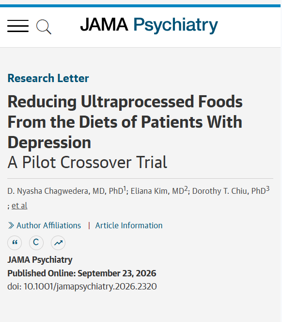 JAMAPsych's tweet photo. In patients with #Depression and high #UltraprocessedFoods intake, a low-ultraprocessed-food diet was feasible and acceptable, and depressive and anxiety symptoms were lower during the intervention period vs a regular diet. 

https://t.co/rVEBFvf9Kq https://t.co/ja4bf61e9a