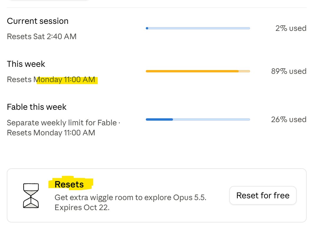 SerotinyBuilds's tweet photo. To reset now or wait...
I'm on 20X plan, and I've used Claude Opus 5.5 on medium effort the whole week, and this is where I'm at. Do I use the reset now with the weekend coming, or do I just wait till Monday? Help me choose.
