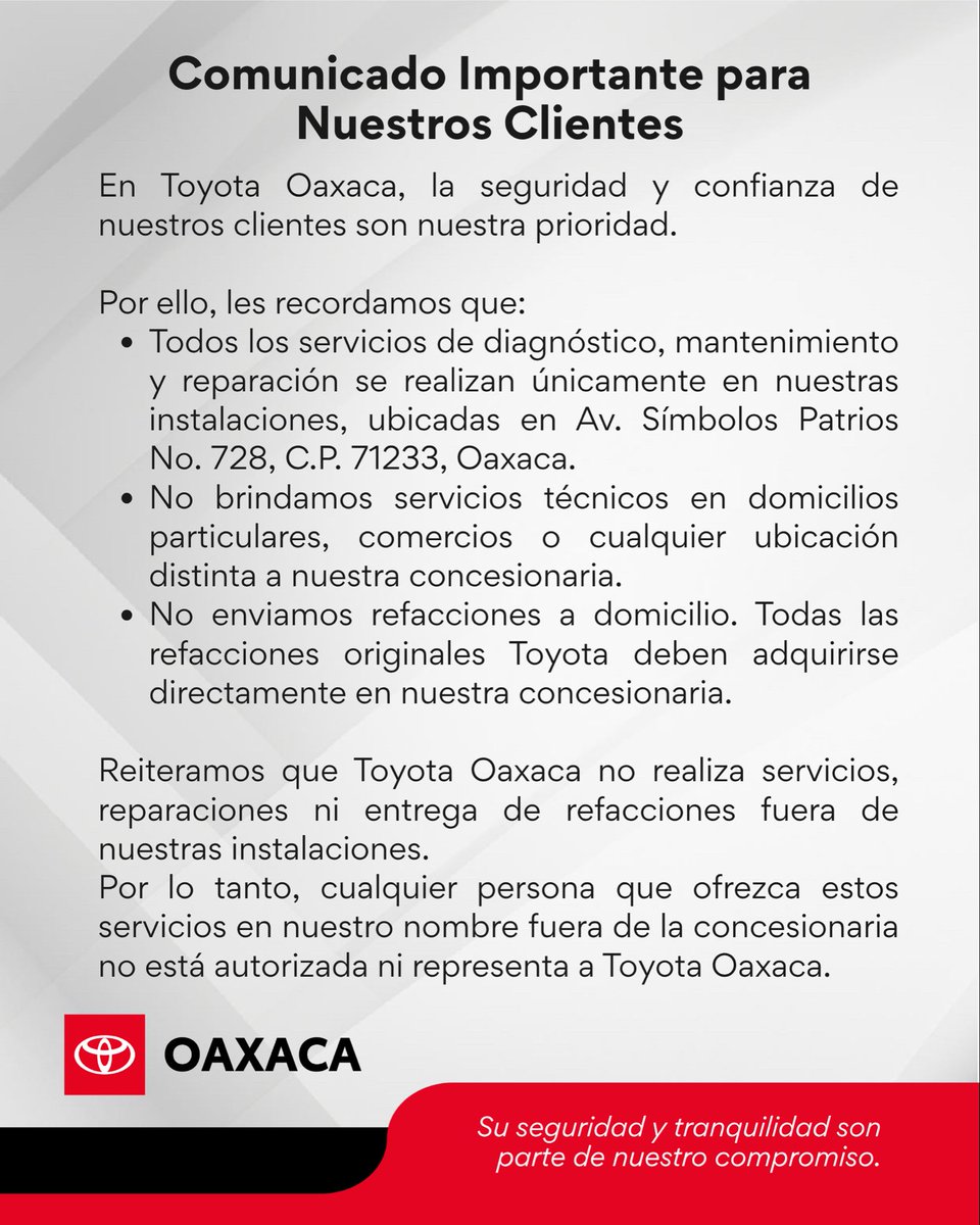 ToyotaOax's tweet photo. Trabajamos todos los días para brindarle un servicio seguro, transparente y con la calidad que usted merece. 
Agradecemos su confianza. 
.
.
#TOYOTA #TOYOTAOaxaca #Autos #Seguridad https://t.co/5zg7IEG6dD