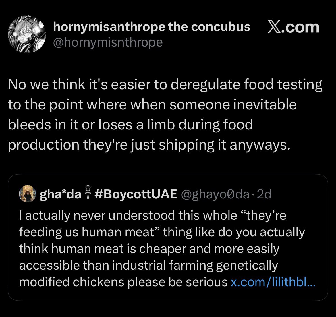 ghayo0da's tweet photo. This “they’re feeding us human meat” shit gets serious for some of yall https://t.co/Q5LgAuuUEd