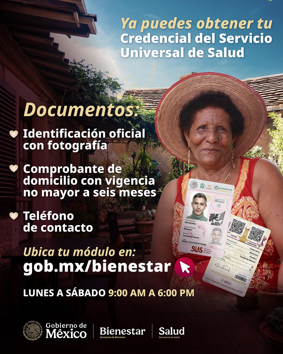bienestarmx's tweet photo. ¡Ya puedes obtener tu credencial del Servicio Universal de Salud!

Prepara tus documentos, ubica el #MóduloBienestar más cercano y realiza tu trámite.

Consulta los requisitos y módulos disponibles en https://t.co/bghYXDdm2j

#ConstruyendoBienestar
#LaHonestidadDaResultados https://t.co/gpnefCAWhj