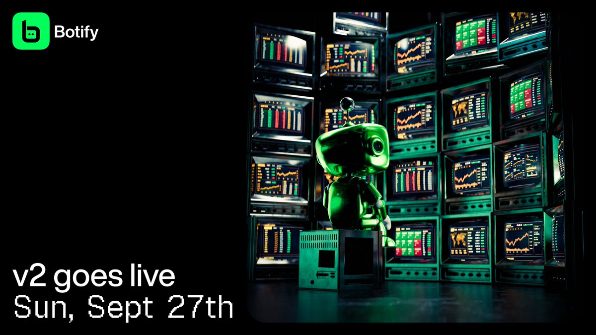 BotifydotCloud's tweet photo. We've been promising you something big.

v2, our biggest tech update yet, goes live Sunday, Sept 27.

More innovation. More use cases. More adoption, which burns $BOTIFY supply.

Early next week we sit down with giants. Ecosystem support and tier-one partnerships on the table. https://t.co/74sUGpqcWL