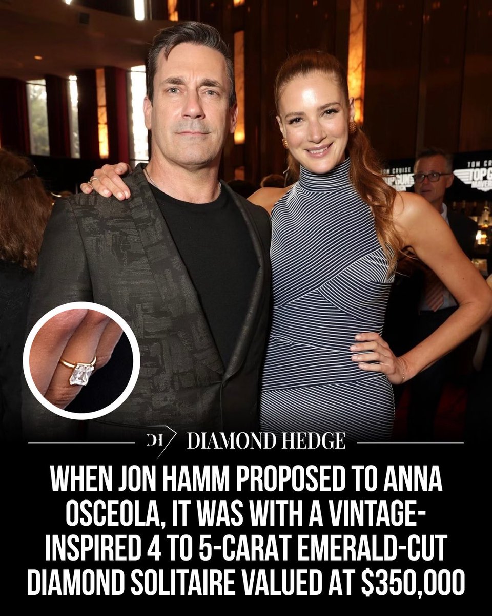 DiamondHedge's tweet photo. When Jon Hamm proposed to Anna Osceola, it was with a vintage-inspired 4 to 5-carat emerald-cut diamond solitaire valued at $350,000. #JonHamm #engagementring #emeraldcutdiamond #diamonds #diamondhedge
https://t.co/pyAzbPfPRv https://t.co/cXAvqMytJ8