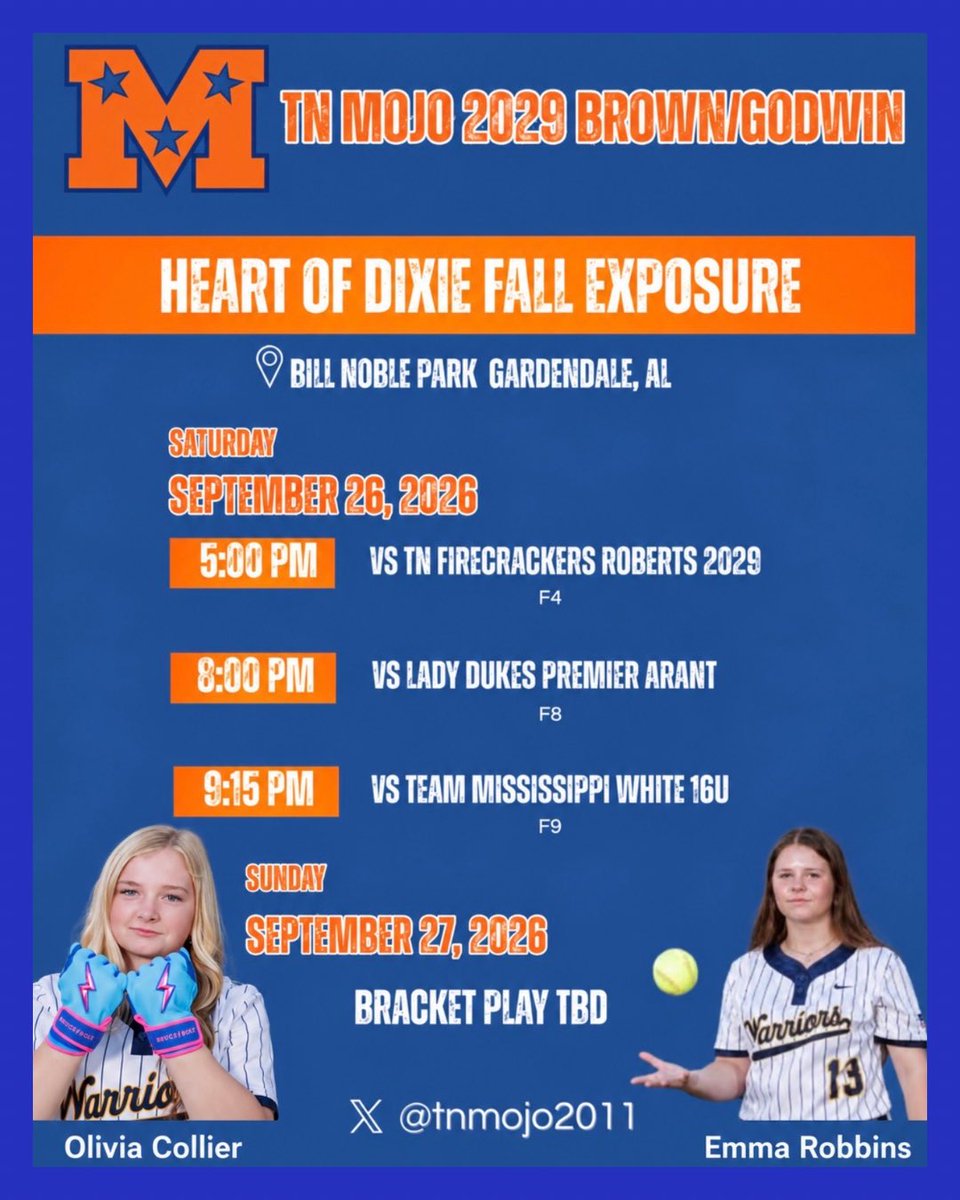 CHCAsball's tweet photo. Our girls Olivia Collier (2029-MIF/UTL) @OliviaCollier28 &amp; Emma Robbins (2029- INF/C) @EmmaRobbins2029 are taking the field in Gardendale for Heart of Dixie showcase. Make sure to go check them out. #CHCASoftball @coachclairg @CoachCasey_HC @carsonowens12 @KyleParmley https://t.co/R43UyQbYCS