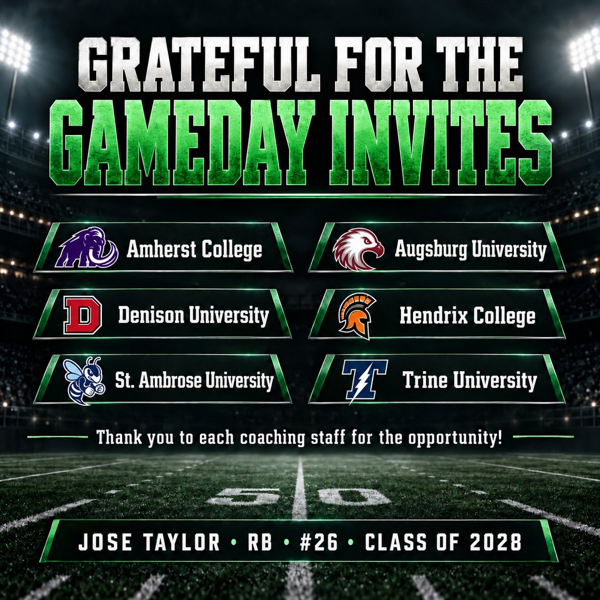 JoseTaylor233's tweet photo. Grateful for the gameday invitations and for every coaching staff member that has taken the time to connect with me. I’m looking forward to learning more about each program and continuing to build these relationships! #AGTG #ClassOf2028 #Recruitment
@coachgeenty @AmherstCollFB @Coach_C_Hall @Augsburg_FB @coachjo51 @DUFootball @RussHeidiSLC @HendrixFootball @FillippSAU @stambrose @CoachMattKeith @TrineThunderFB @Coach_Engelking @RecruitOK @JonesLonghornFB @coachreedJHS