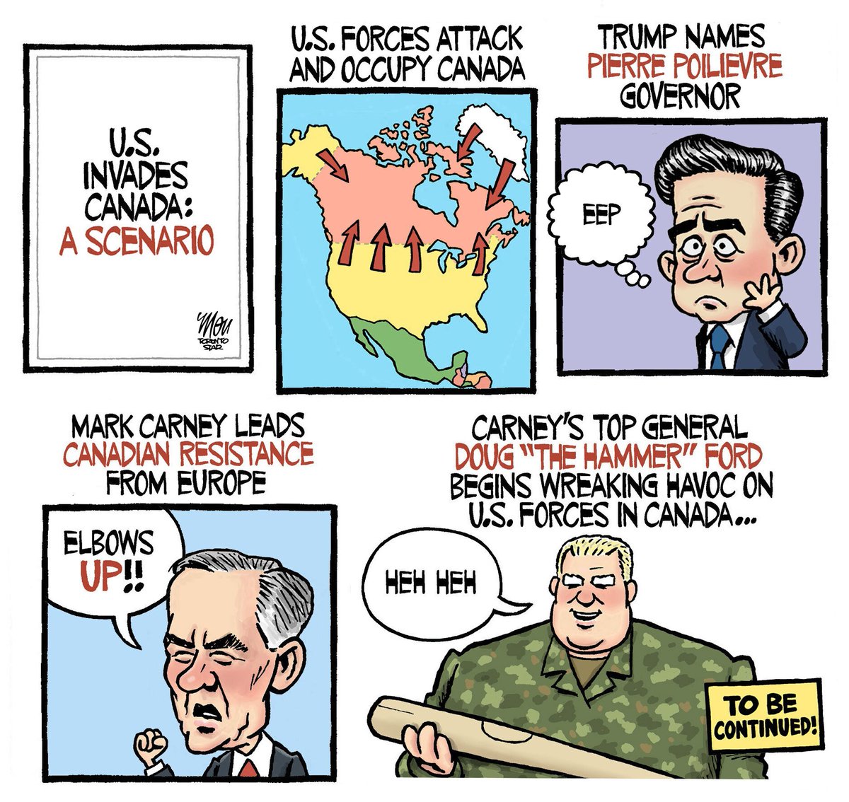 TorontoStar's tweet photo. Theo Moudakis’s latest cartoon imagines what a U.S. invasion of Canada would look like. https://t.co/yVPZIJsAYU