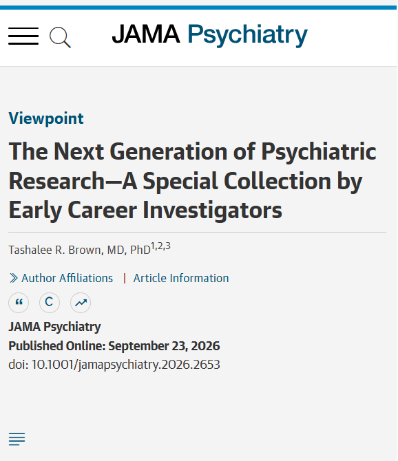 JAMAPsych's tweet photo. 💬 Viewpoint: A special collection in #Psychiatry highlights early-career investigators studying clinical equity, structural #MRI and machine learning, ultraprocessed foods and depression, and placental growth factor trajectories. 

https://t.co/4Esm3sp4h3 https://t.co/OEPkwkPFLs