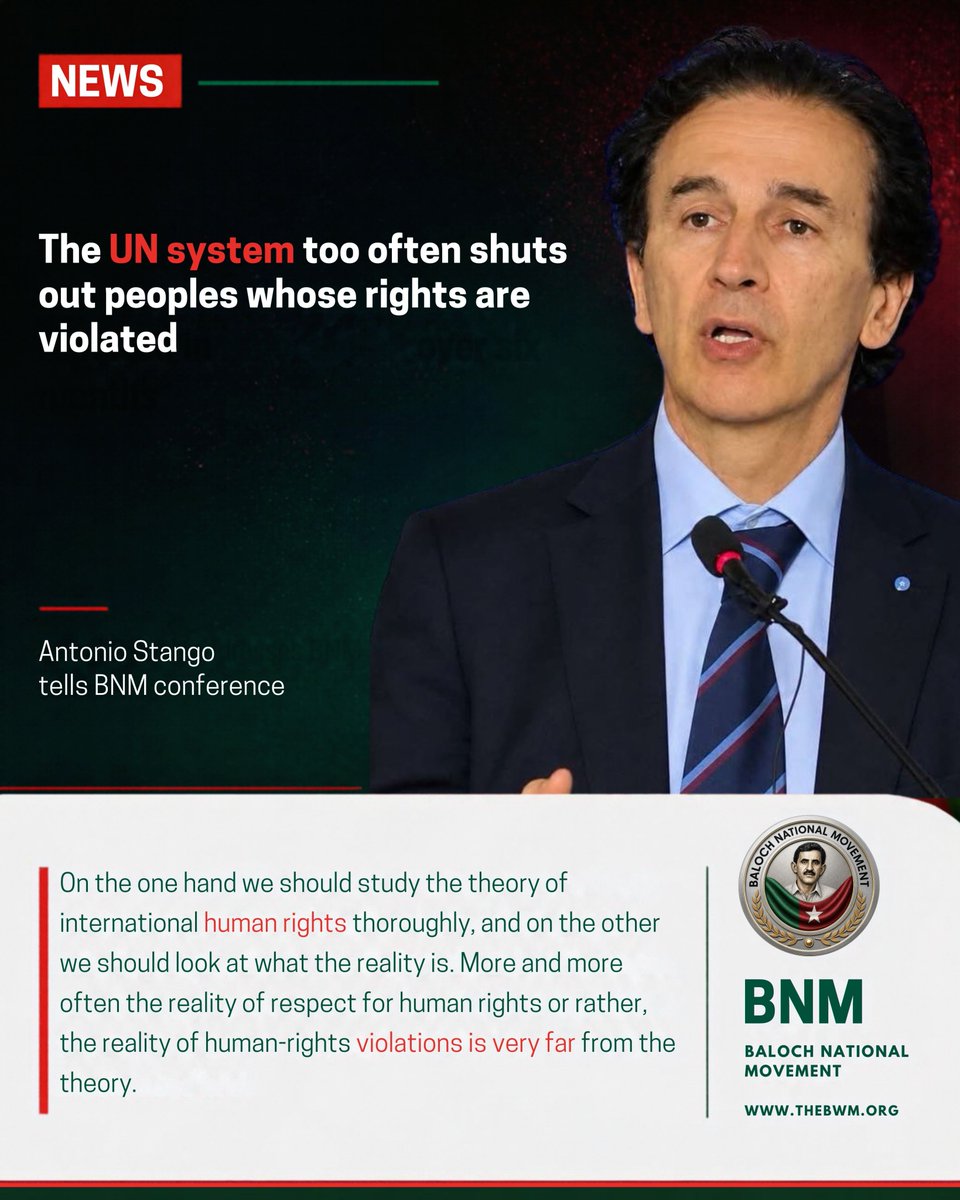 Mehranbalo24945's tweet photo. The UN system too often shuts out peoples whose rights are violated: Antonio Stango addresses the 12th Balochistan conference
Friday, 25 September 2026 | #BIC12
https://t.co/gYJLiaC3mI…
#theBNM https://t.co/FN5SBFiW6T