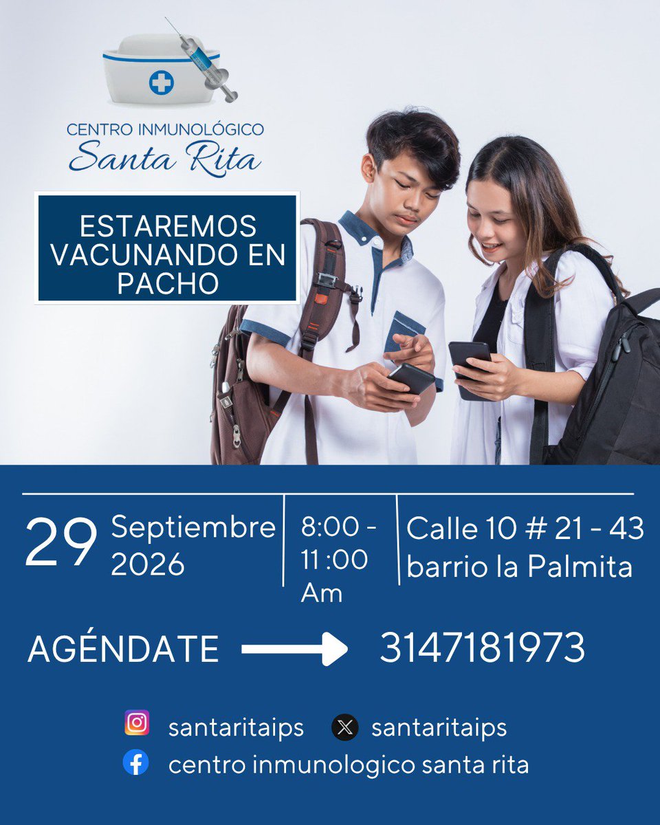 santaritaips's tweet photo. 📢💉 ¡PACHO, NOS VAMOS A VACUNAR! 💙
El Centro Inmunológico Santa Rita 
📅 29 de septiembre de 2026
⏰ 8:00 a. m. – 11:00 a. m.
📍 Calle 10 #21-43, barrio La Palmita
📲 ¡AGENDA TU CITA!
👉 314 718 1973
💙 Vacunarse es prevenir. Prevenir es cuidar. Cuidar es amar. https://t.co/iggNwprrax