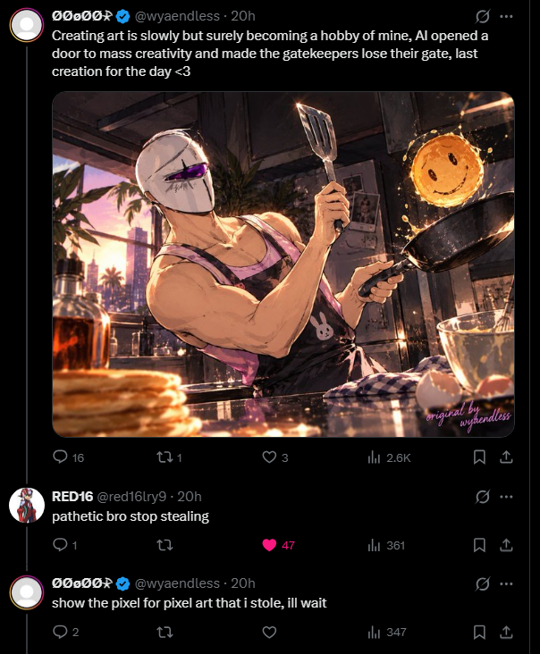 Starfall_vt_'s tweet photo. AI "Artists": we can finally create all the art we want to make since so many years, we won't run other people's art through AI

Also AI "artists": running another persons sketch through AI isn't stealing their work, it's inspiration

Touch some grass, idiots https://t.co/YwKjRAKpEq