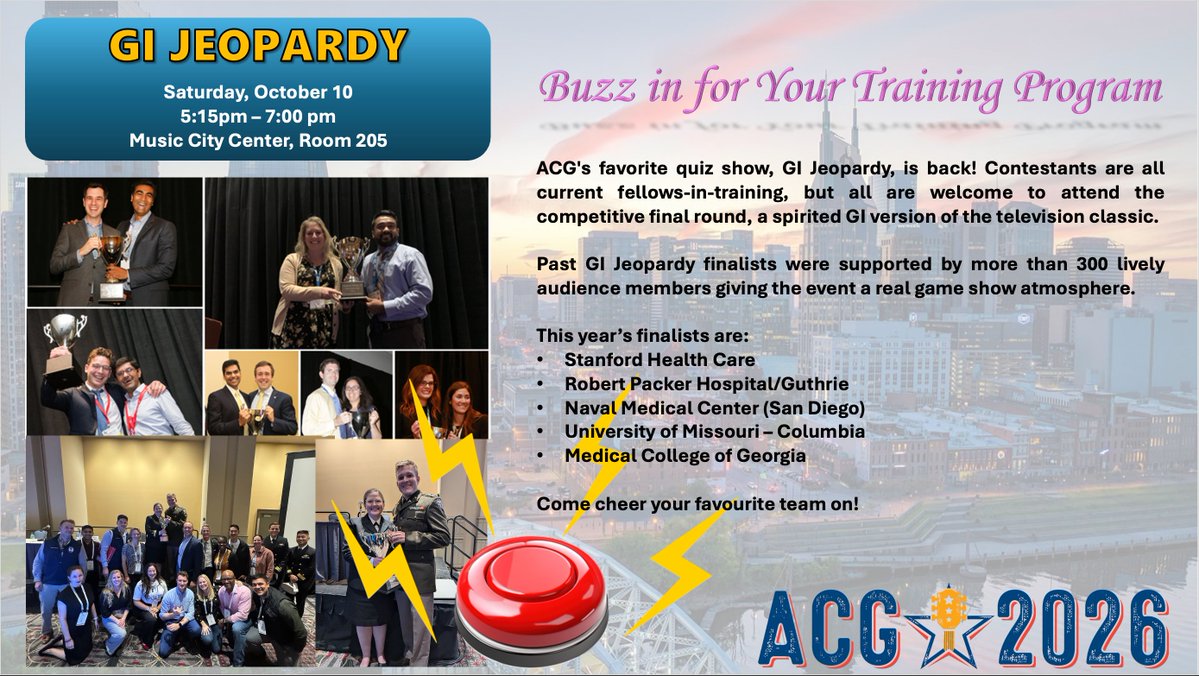 clivejmiranda's tweet photo. 2/ Probably the most attended event of #ACG2026. Who will win this year's GI Jeopardy? 🎉

🏆 2025 champions: Mahmoud08232701 & @IslaamHMohamed. @Mizzou

🏆 2024 champions: Robert Spiller, DO & Chelsea Forbes, MD. @WRNMMC_DHA

🏆 2023 champions: @KafrawyAAK & Estafanía Flores, MD. @uiowa

🏆2022 champions: Hussam Tayel, MD & Brian Kim, DO. @mystlukes

🏆2021 champions: @KatieFalloonMD & @CarolRouphaelMD. @ClevelandClinic

Cheer for your team & learn along the way 🥳