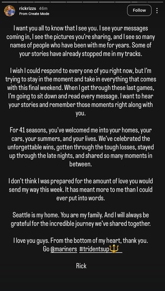 JoeVeyera's tweet photo. "Seattle is my home. You are my family. And I will always be grateful for the incredible journey we've shared together."

A message from Rick Rizzs on Instagram, ahead of his last weekend in the broadcast booth for the Mariners. https://t.co/VaA8wDnW4r