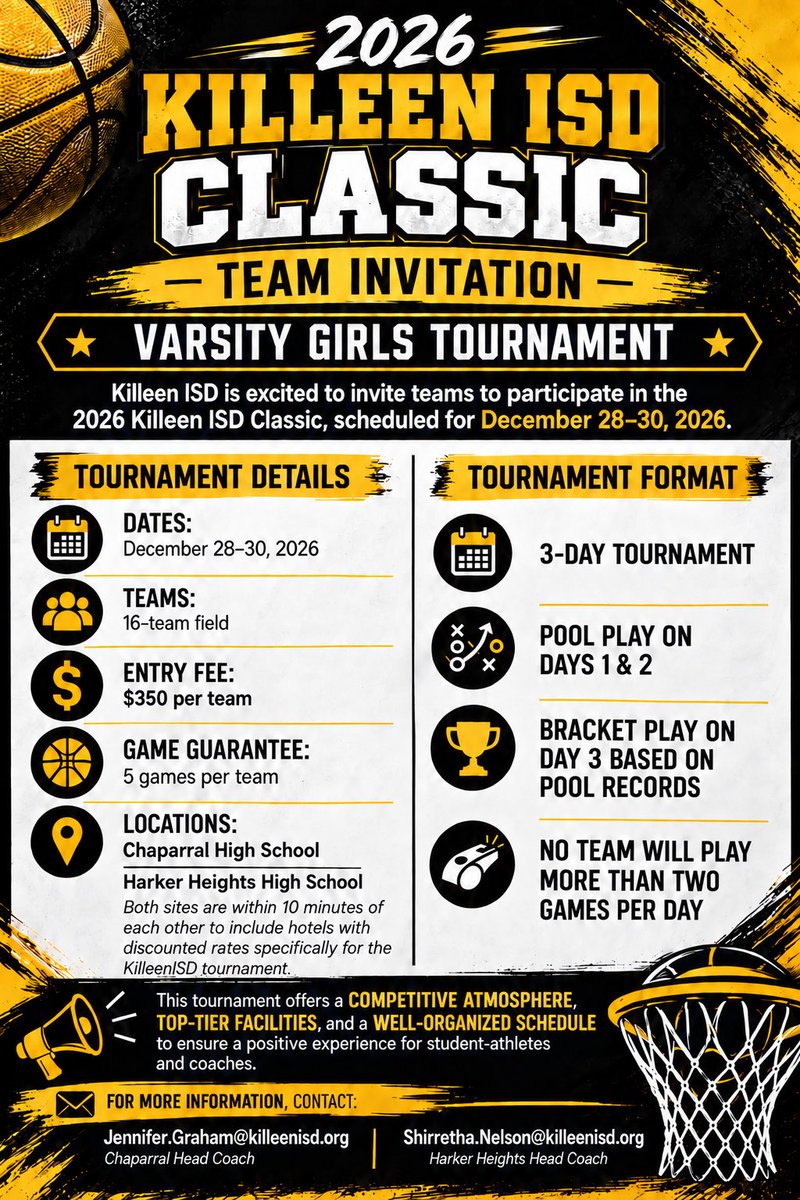 ChaparralWbball's tweet photo. Only one spot remains in the 2026 Killeen ISD Classic! Check the flyer below for details and contact info and scoop it up before it's gone. Three-day tournament. Sixteen teams. Don't wait! #WeAreKISD https://t.co/qHZ8i9LNwJ