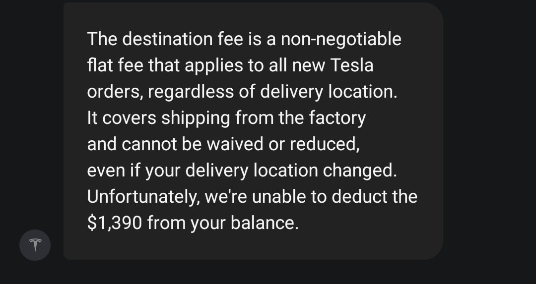 MervAzeta's tweet photo. .@elonmusk, @Tesla, if the destination fee "covers shipping from the factory," why are customers still charged this fee when Tesla asks them to pick up the car from the same factory? Genuinely asking, because it seems they are paying Tesla to ship cars... that they are shipping. https://t.co/bCHNYZwfFH