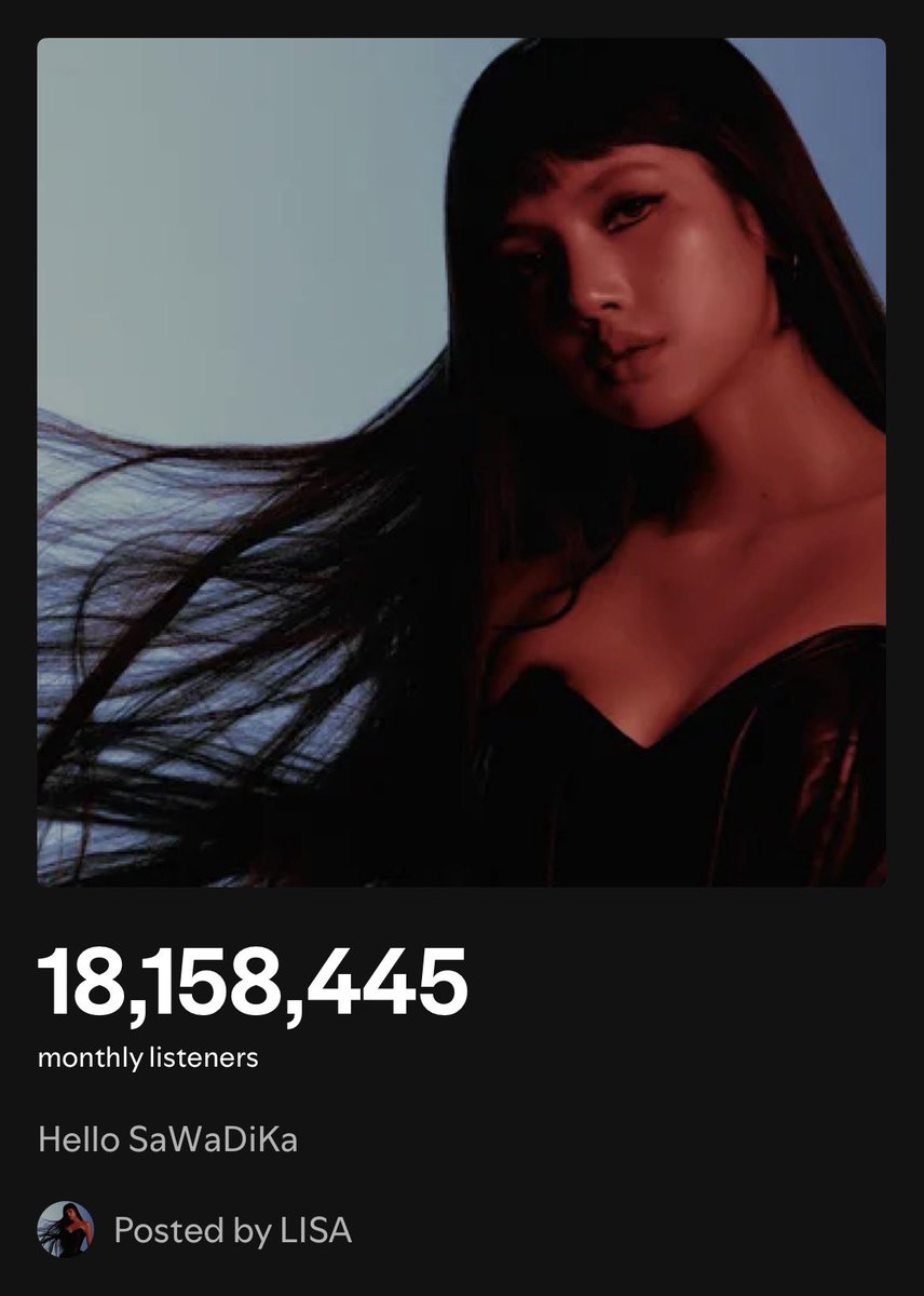 LISANATIONS_'s tweet photo. #LISA monthly Listeners: 18,158,445 (+108,013) 🔺

Peak: 28,626,697 https://t.co/5OQUIGxtuO