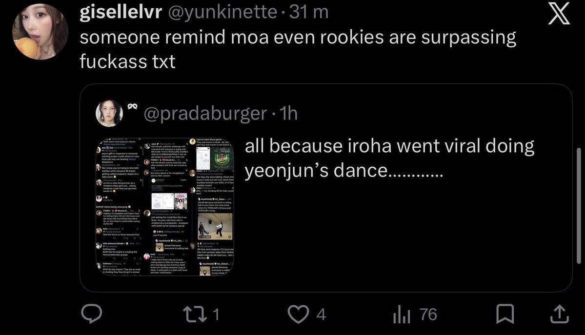 bamgyuiary's tweet photo. This is going too far. Moas were mainly talking about Yeonjun not getting recognition in his own song and choreography, they weren't insulting Illit or Iroha. You all took it as an insult and started dragging Txt even tho there wasn't anything bad said about Iroha https://t.co/gvAfjYVqa9