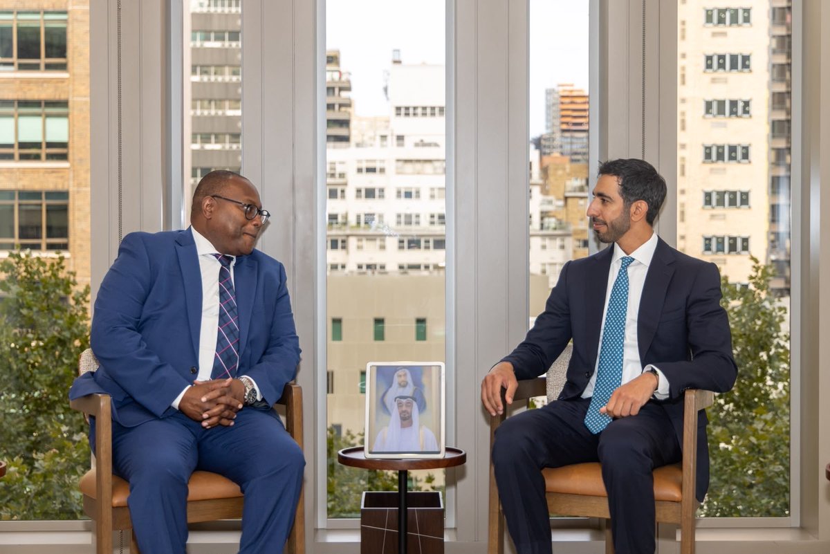 UAEMissionToUN's tweet photo. At #UNGA81, HE Sheikh Shakhboot bin Nahyan Al Nahyan, Minister of State, met with:

➡️ HE Mulambo Haimbe, Minister of Foreign Affairs and International Cooperation of the Republic of Zambia

➡️ HE Dhananjay Ramful, Minister of Foreign Affairs, Regional Integration and International Trade of the Republic of Mauritius

➡️ HE Mohamed Salem Ould Merzoug, Minister of Foreign Affairs, African Cooperation and Mauritanians Abroad of the Islamic Republic of Mauritania

#UAExUNGA81