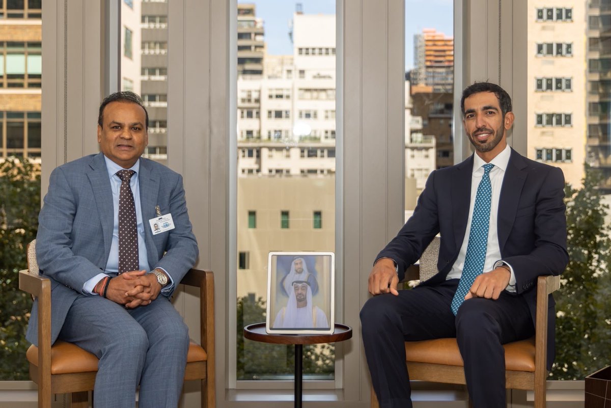 UAEMissionToUN's tweet photo. At #UNGA81, HE Sheikh Shakhboot bin Nahyan Al Nahyan, Minister of State, met with:

➡️ HE Mulambo Haimbe, Minister of Foreign Affairs and International Cooperation of the Republic of Zambia

➡️ HE Dhananjay Ramful, Minister of Foreign Affairs, Regional Integration and International Trade of the Republic of Mauritius

➡️ HE Mohamed Salem Ould Merzoug, Minister of Foreign Affairs, African Cooperation and Mauritanians Abroad of the Islamic Republic of Mauritania

#UAExUNGA81