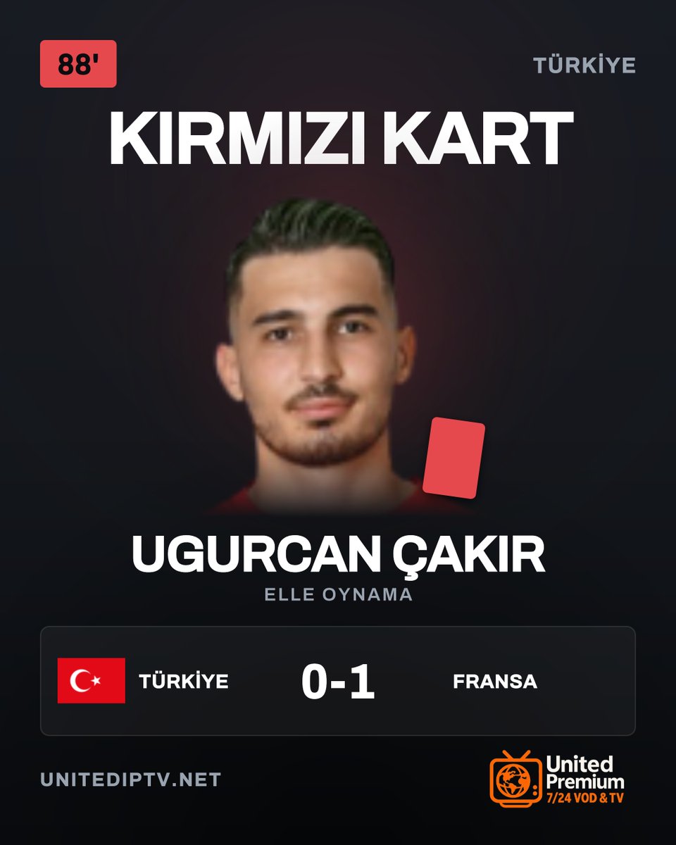 unitediptvnet's tweet photo. ✏️ DÜZELTME
🟥 88' KIRMIZI KART
UGURCAN ÇAKIR (TÜRKİYE) oyundan atıldı.
↳ Elle oynama
Türkiye 🆚 Fransa (0-1) 88'
🏆 UEFA Uluslar Ligi - Lig A
#BizimÇocuklar #Fransa #UluslarLigi https://t.co/nET10XLEn2
