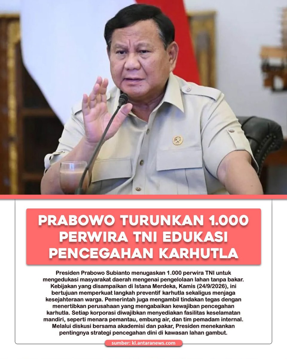 imongizal's tweet photo. Langkah konkret! Prabowo turunkan 1.000 perwira TNI edukasi pencegahan karhutla . Mencegah lebih baik daripada memadamkan. Semoga kedepannya langit kita bebas asap! https://t.co/gAjUupQ2ko
