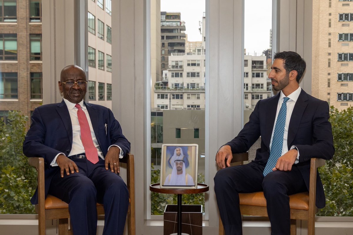 UAEMissionToUN's tweet photo. At #UNGA81, HE Sheikh Shakhboot bin Nahyan Al Nahyan, Minister of State, met with:

➡️ HE Mulambo Haimbe, Minister of Foreign Affairs and International Cooperation of the Republic of Zambia

➡️ HE Dhananjay Ramful, Minister of Foreign Affairs, Regional Integration and International Trade of the Republic of Mauritius

➡️ HE Mohamed Salem Ould Merzoug, Minister of Foreign Affairs, African Cooperation and Mauritanians Abroad of the Islamic Republic of Mauritania

#UAExUNGA81