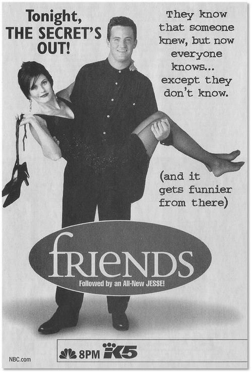 ChandlerBing_12's tweet photo. The newspaper ad for Friends episode 'The One Where Everybody Finds Out' https://t.co/d4HGmeULZo