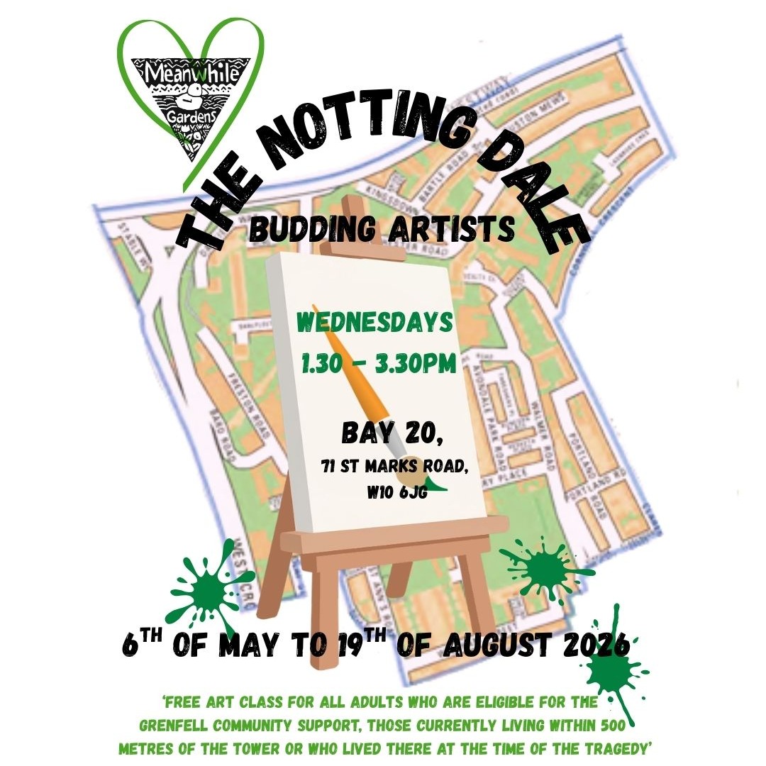 TelmaCaley1z's tweet photo. We’re excited to announce a new art group in partnership with the Grenfell Community Support Group. Contact admin@meanwhilegardens. org. uk to register and book your space—places are limited. https://t.co/PaJwZL71wb