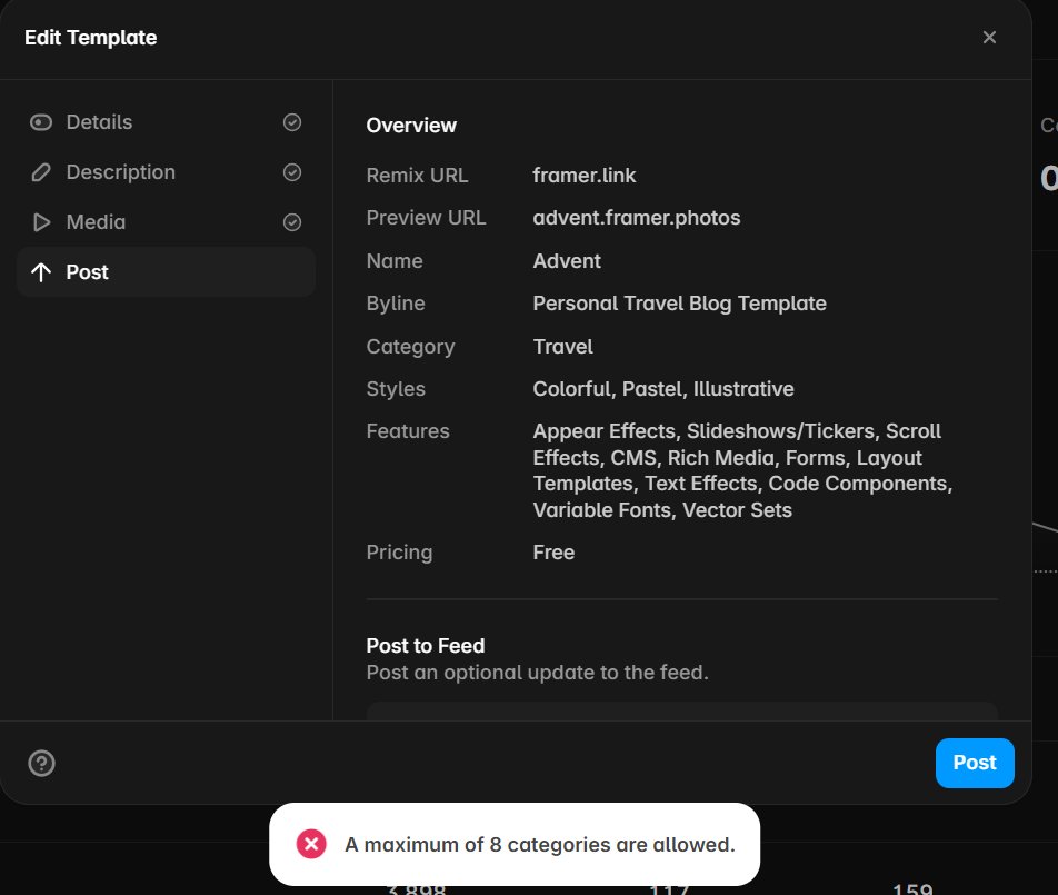 offsetui's tweet photo. @_CalMorris I'm trying to add Style categories to my template since multiple category selections were removed, but it says "max 8 categories allowed." https://t.co/gsWuEsa0bH