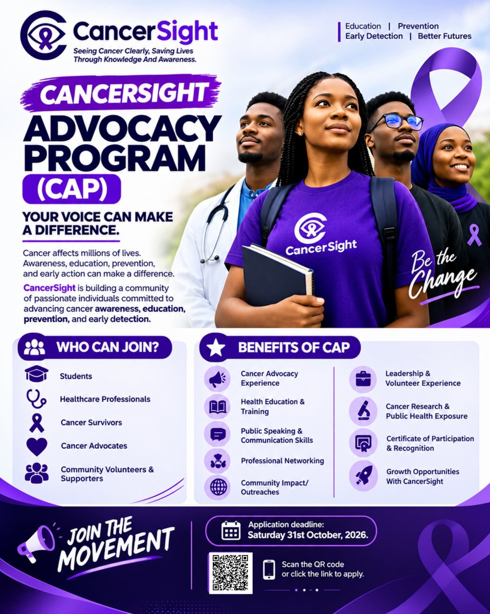 Cancer_Sight's tweet photo. APPLICATION NOW OPEN.

CancerSight is building a community of passionate individuals committed to advancing cancer awareness, education, prevention, and early detection across Africa.

Application deadline: 31st of October, 2026.

APPLY HERE: https://t.co/EVAC9F1mOj https://t.co/id0F36DuAf