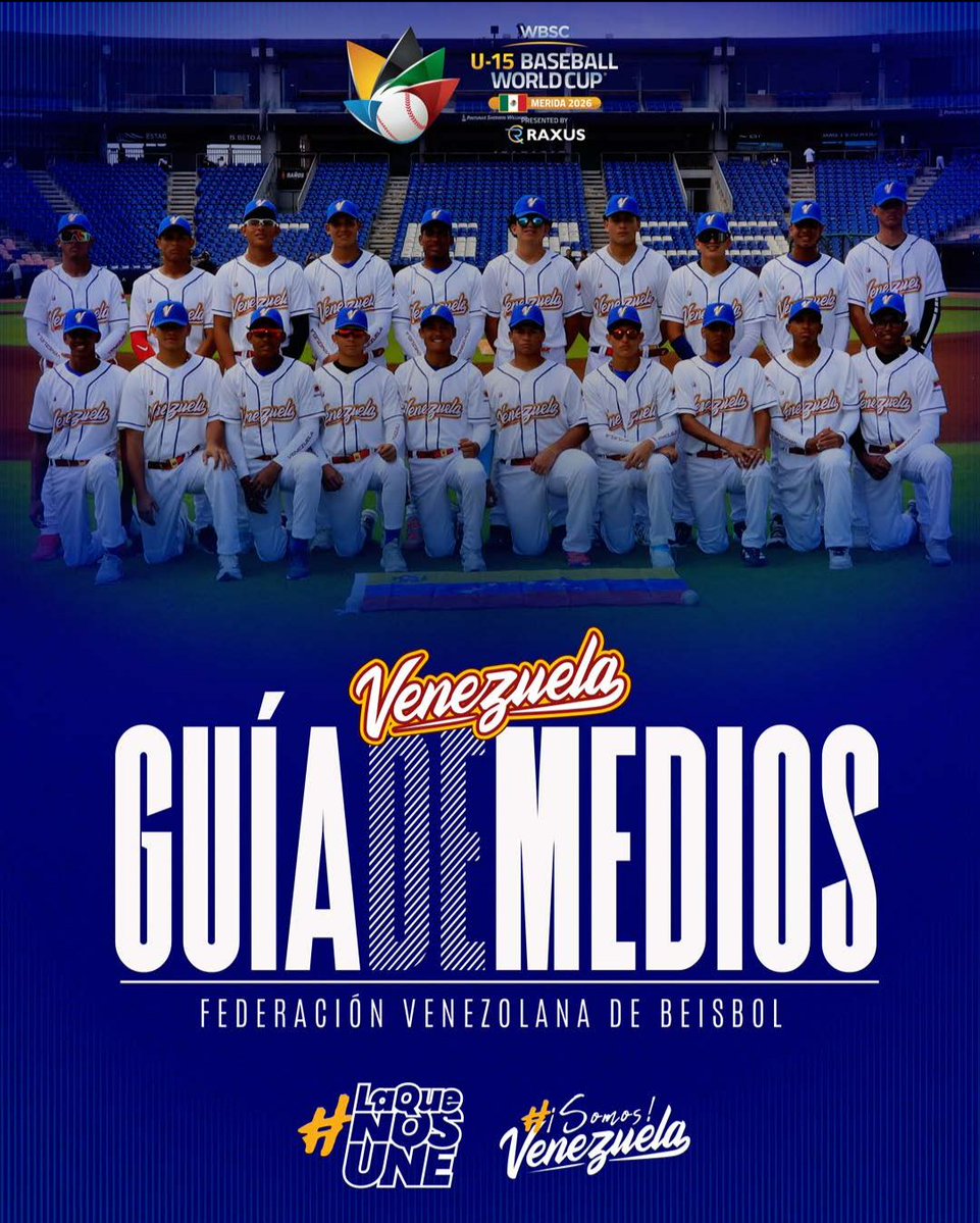 TeamBeisbolVe's tweet photo. #BaseballWorldCupU15 

🏆 Toda la información de Team Beisbol Venezuela que nos representará en el Mundial U15 disponible aquí ⤵️
 
Guía de Medios Team Beisbol Venezuela U15 💻📎⚾ https://t.co/OZpDBIem9D

#LaQueNosUne
#SomosVenezuela https://t.co/pazHJpYPQ0
